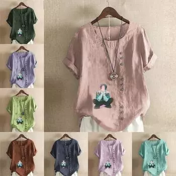 Женская новая модная льняная рубашка с круглым вырезом и коротким рукавом для мальчиков, летняя женская повседневная блузка больших размеров, топы S розовый