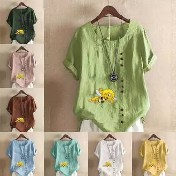 Женская новая модная льняная рубашка с круглым вырезом и коротким рукавом, футболка с принтом пчел, летняя женская повседневная блузка больших размеров, топы S розовый