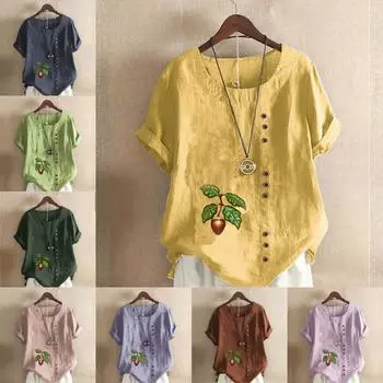 Женская новая модная льняная рубашка с круглым вырезом и коротким рукавом с принтом лесного ореха, летняя женская повседневная блузка больших размеров, топы S розовый