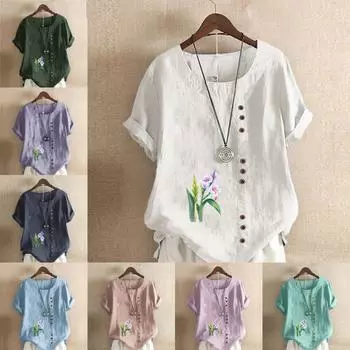 Женская новая модная льняная рубашка с круглым вырезом и коротким рукавом, футболка с цветочным принтом, летняя женская повседневная блузка больших размеров, топы S розовый