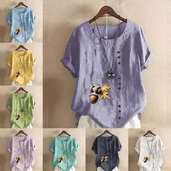 Женская новая модная льняная рубашка с круглым вырезом и коротким рукавом с принтом лесного ореха, летняя женская повседневная блузка больших размеров, топы S розовый