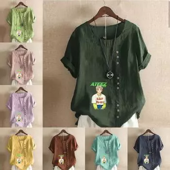 Женская новая модная льняная рубашка с круглым вырезом и коротким рукавом для мальчиков, летняя женская повседневная блузка больших размеров, топы S розовый