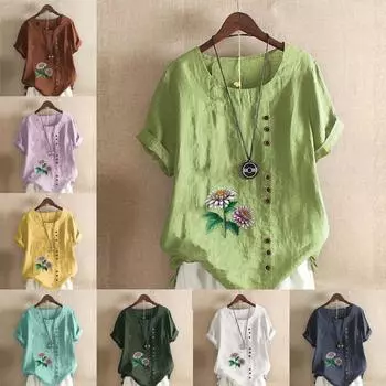 Женская новая модная льняная рубашка с круглым вырезом и коротким рукавом, футболка с цветочным принтом, летняя женская повседневная блузка больших размеров, топы S розовый