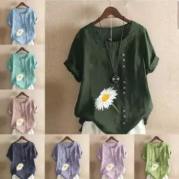 Женская новая модная льняная рубашка с круглым вырезом и коротким рукавом, футболка с цветочным принтом, летняя женская повседневная блузка больших размеров, топы S розовый