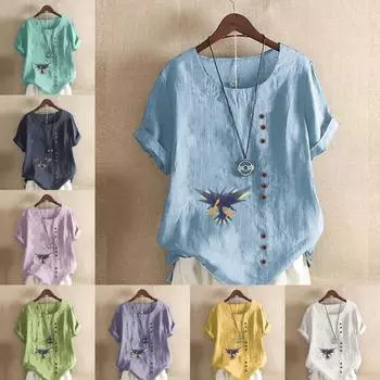 Женская новая модная льняная рубашка с круглым вырезом и коротким рукавом с принтом орла, летняя женская повседневная блузка больших размеров, топы S розовый