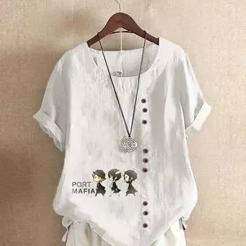 Женская новая модная льняная рубашка с круглым вырезом и коротким рукавом, футболка с принтом «Три детектива», летняя женская повседневная блузка больших размеров S темно-фиолетового