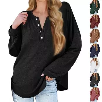 Женская новая модная однотонная футболка с длинными рукавами и воротником на пуговицах, тонкий топ, повседневные топы XXL чёрный