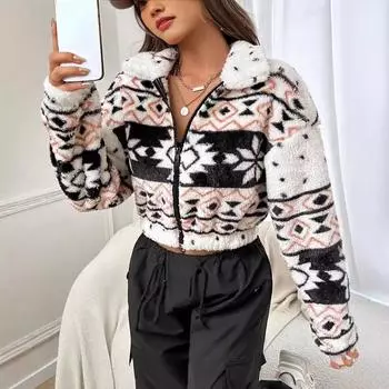 Женская новая осенне-зимняя мода, красивая, с застежкой-молнией на лацкане, теплая, с длинными рукавами, с цветочным принтом, пушистая, модная, тонкая, короткая куртка S абрикосовый