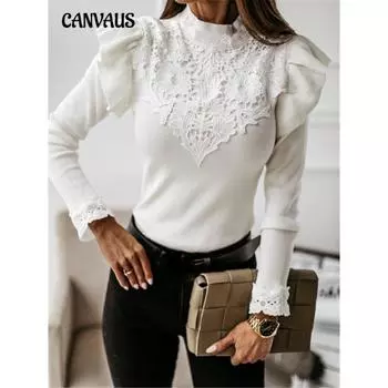 Женская новая осенне-зимняя рубашка с длинными рукавами и круглым вырезом, кружевным декором, однотонная нижняя часть XS чёрный