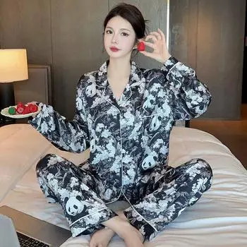 Женская новая пижама Ice Silk Senior Sense, комплект домашней одежды для девочек, темпераментная ретро-мультяшная повседневная пижама с длинными рукавами, комплект домашней одежды M