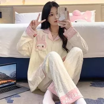 Женская новая пижама, весенне-осенний пижамный комплект с длинными рукавами, брюки, свободный кардиган, одежда для дома с героями мультфильмов, пижамный комплект M зелёный