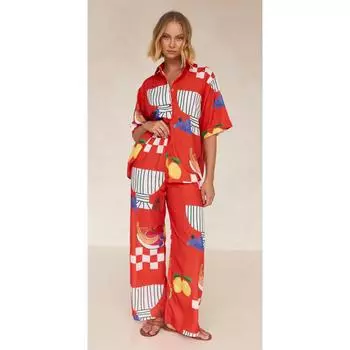 Женская новая повседневная рубашка брюки кардиган с принтом дикий комплект из двух предметов M красный