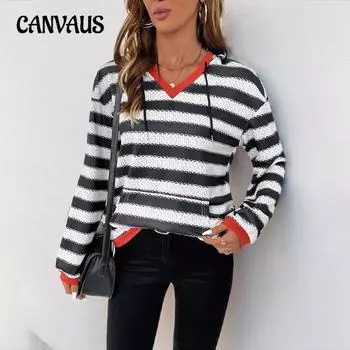 Женская новая повседневная толстовка с капюшоном в полоску с принтом на весну и осень S чёрный