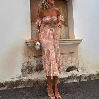 Женская новая принтованная длинная юбка с короткими рукавами и оборками на одно плечо для женщин S