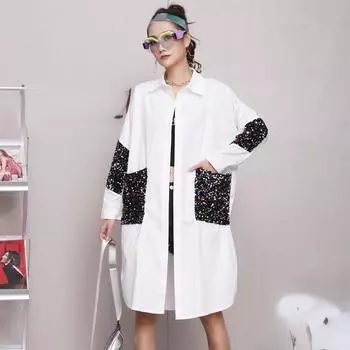 Женская новая рубашка больших размеров, весенняя, повседневная, блузка с пайетками, карманы, свободный кардиган с длинным рукавом, белая, черная, свободная One Size
