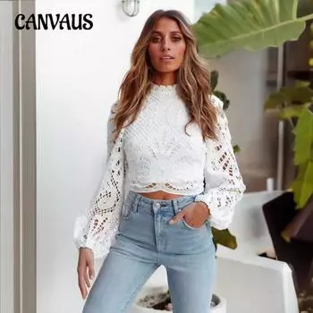 Женская новая сексуальная ажурная рубашка с длинным рукавом на молнии, однотонная кружевная рубашка S белый