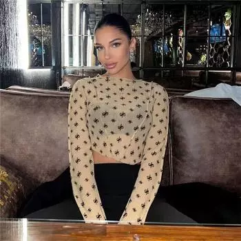 Женская новая сексуальная прозрачная сетчатая футболка Spice Girls с длинными рукавами и принтом, расклешенный низ рукава S абрикосовый