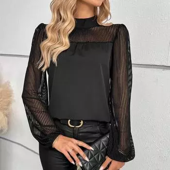 Женская новая сексуальная сетчатая перспективная рубашка с круглым вырезом и длинными рукавами на весну и лето S
