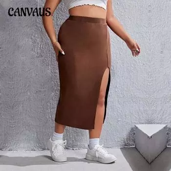 Женская новая сексуальная юбка с разрезом и эластичной талией, трикотажная эластичная, однотонная, с поясом на бедрах 1XL кофейный