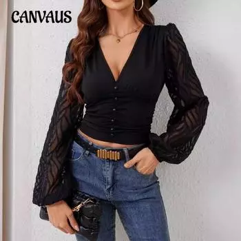 Женская новая шифоновая футболка с рукавами-фонариками, плиссированная талия, V-образный вырез, длинные рукава, тонкая блузка S чёрный