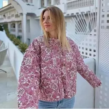 Женская новая стеганая хлопковая куртка с цветочным принтом, осень-зима, утолщенный воротник-стойка, свободная куртка с длинными рукавами, модная верхняя одежда S розовый