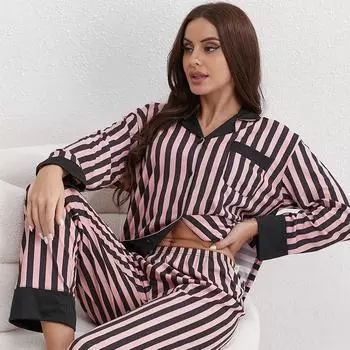 Женская новая свободная пижама большого размера, трикотажная хлопковая домашняя одежда на весну и осень, костюм с обратным воротником и брюками с длинными рукавами, которые можно носить на улице! M