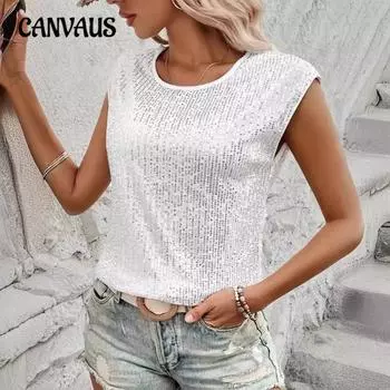 Женская новая свободная повседневная модная вечерняя футболка без рукавов с круглым вырезом и пайетками S белый