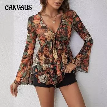 Женская новая тонкая сетчатая футболка с принтом на груди и расклешенными рукавами, топы с длинными рукавами S