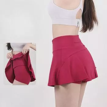 Женская новая юбка для йоги и тенниса с высокой талией, утягивающая спортивная тренировочная юбка, имитация двух частей, препятствующая ходьбе, плиссированная юбка-брюки половинной длины S чёрный