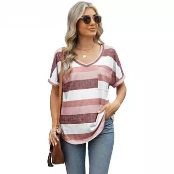 Женская новая весенне-летняя футболка с полосатым принтом, V-образным вырезом, рукавом «летучая мышь», карманом S розовый