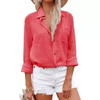 Женская новая весенне-летняя повседневная рубашка с V-образным вырезом и длинными рукавами на пуговицах S коралловый