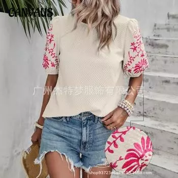 Женская новая весенне-летняя вышитая круглая горловина с коротким рукавом и принтом «пузырь» S синий