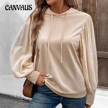 Женская новая весенне-осенняя однотонная толстовка с капюшоном и длинными рукавами-фонариками S абрикосовый света