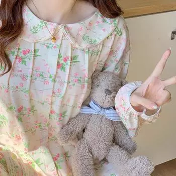 Женская новая весенне-осенняя пижама, комплект домашней одежды для девочек, кардиган с длинными рукавами, цветочная ретро-пасторальная одежда из двух предметов для дома M зелёный