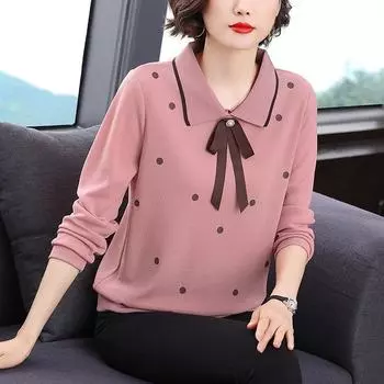 Женская новая весенняя свободная футболка, топы, женская модная нижняя рубашка с длинными рукавами в горошек L розовый