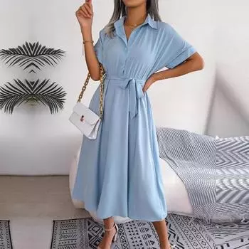 Женская новая весна-лето повседневная свободная однотонная рубашка на шнуровке, юбка, платье на пуговицах с лацканами и воротником-стойкой S армия зеленый