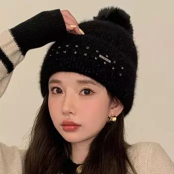 Женская новая вязаная шапка из меха кролика и бархата с теплым капюшоном, однотонная, с блестками, модная, с защитой ушей, модная