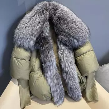 Женская новая высококачественная куртка из белого утиного пуха с воротником из меха серебристой лисы, теплая и тонкая зимняя M
