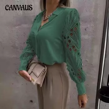 Женская новая взрывная модель Slim Type Sexy Hollow Solid Color Lace Splicing Shirt Shirt M оранжевый
