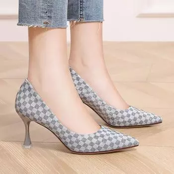 Женская новая женская обувь на высоком каблуке, весенняя корейская версия, туфли с острым носком и неглубоким ртом, женские туфли в клетку на шпильке 34