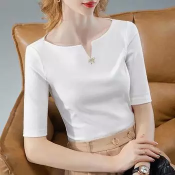 Женская новая женская одежда, модная декоративная хлопковая футболка с короткими рукавами, темперамент, полуоткрытый воротник, топ с рукавами-пятью S белый