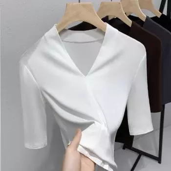 Женская новая женская одежда стиль футболка с V-образным вырезом и короткими рукавами эластичный однотонный топ с утягивающей талией S