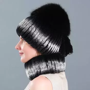 Женская новая зимняя шапка из меха кролика Рекс, защита ушей, утолщенный шарф из меха кролика Рекс, универсальная шапка из девятихвостой лисы Hat Scarf Set