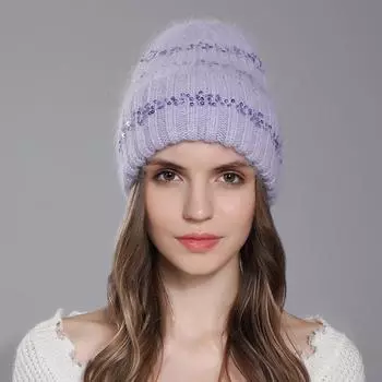 Женская новая зимняя вязаная деревянная шапка из кроличьей шерсти с блестками, универсальная защита ушей OneSize розовый