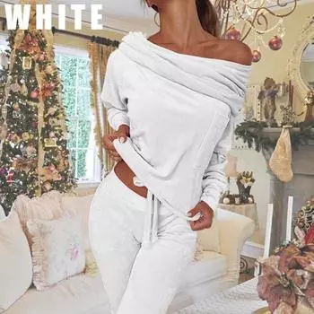 Женская новинка 2023 года, осенне-зимняя мода, повседневный комплект из 2 предметов, коралловый бархатный топ с открытыми плечами + брючный костюм, костюм для бега, дышащая спортивная одежда, костюм для йоги 2XL белый