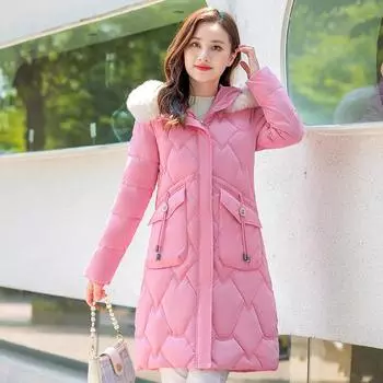 Женская новинка 2023 года, зимняя морозостойкая хлопковая куртка средней длины, облегающая хлопковая куртка, модная женская куртка с большим меховым воротником M чёрный