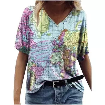 Женская новинка 2025 года, летняя свободная футболка с короткими рукавами и V-образным вырезом с принтом Map&American 3D S