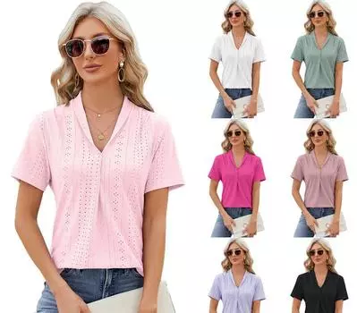 Женская новинка весны и лета: жаккардовый узор с v-образным вырезом, свободные топы, лацкан «парусник», футболка с коротким рукавом S белый