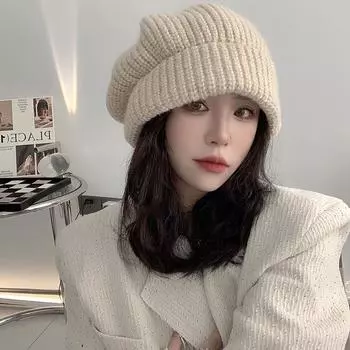 Женская объемная вязаная шерстяная шапка: Осенне-зимняя ворсовая шапка с защитой ушей грязно-белый