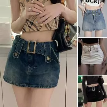 Женская облегающая джинсовая юбка с высокой талией и поясом, однотонная ультра-мини-юбка с карманами, модные аксессуары 3XL синий